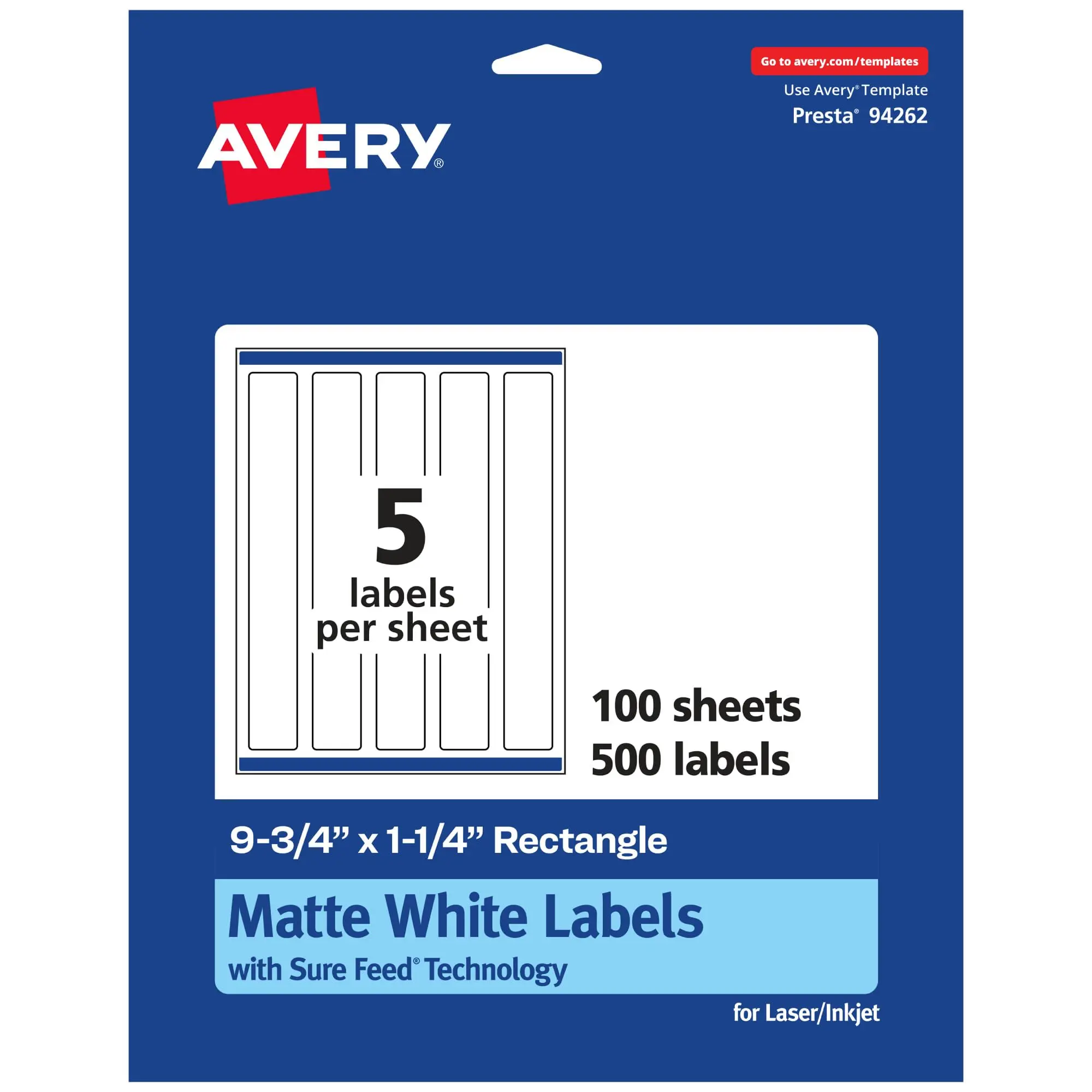 Avery Matte White Rectangle Labels with Sure Feed, 9.75" x 1.25", 500 Matte White Printable Labels