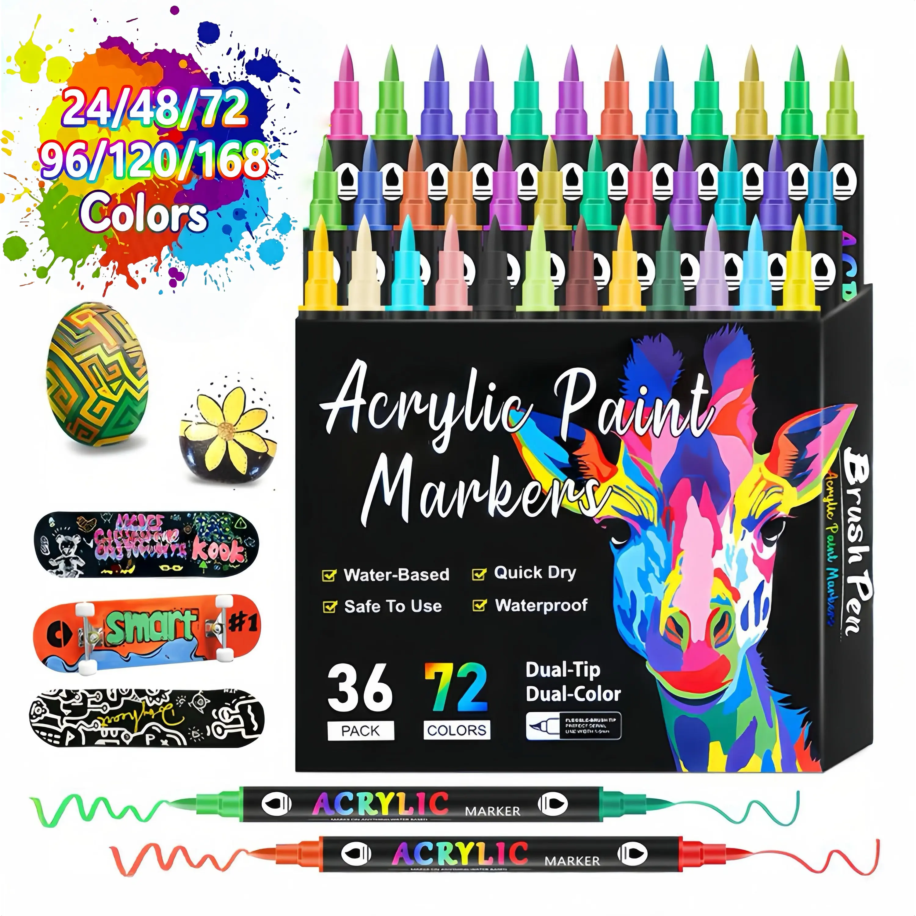 Acrylic Paint Markers Dual Tip Fine & Brush Nibs Non Toxic Waterproof Pigments for Rock Wood Canvas Glass Art Drawing Tools DIY Craft Supplies Gift Creative Tool for School Projects Classroom Activities School Essential Office Fun Brush Tip Color Marker