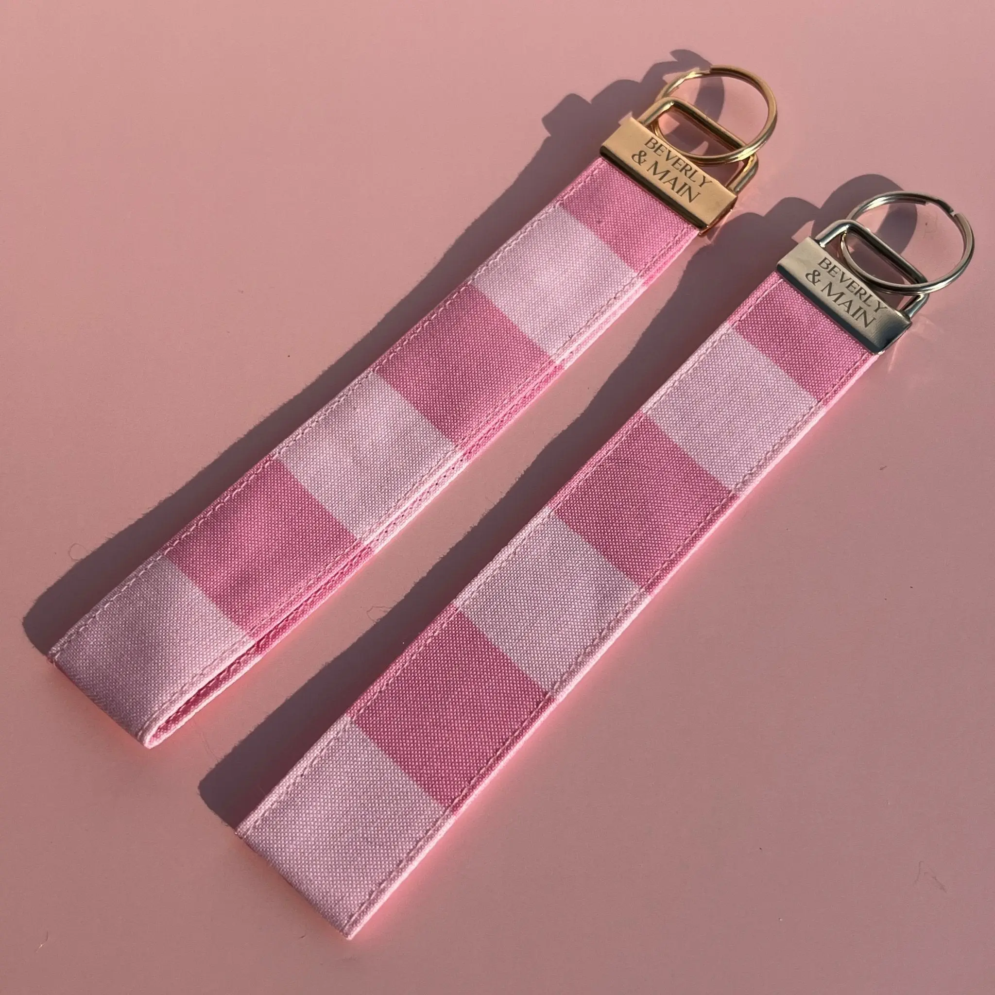 Chloe Handmade Wristlet Keychain - Pink Checkered Fabric Key Fob with Metal Clasp & Split Ring - Lightweight & Durable - Made in USA