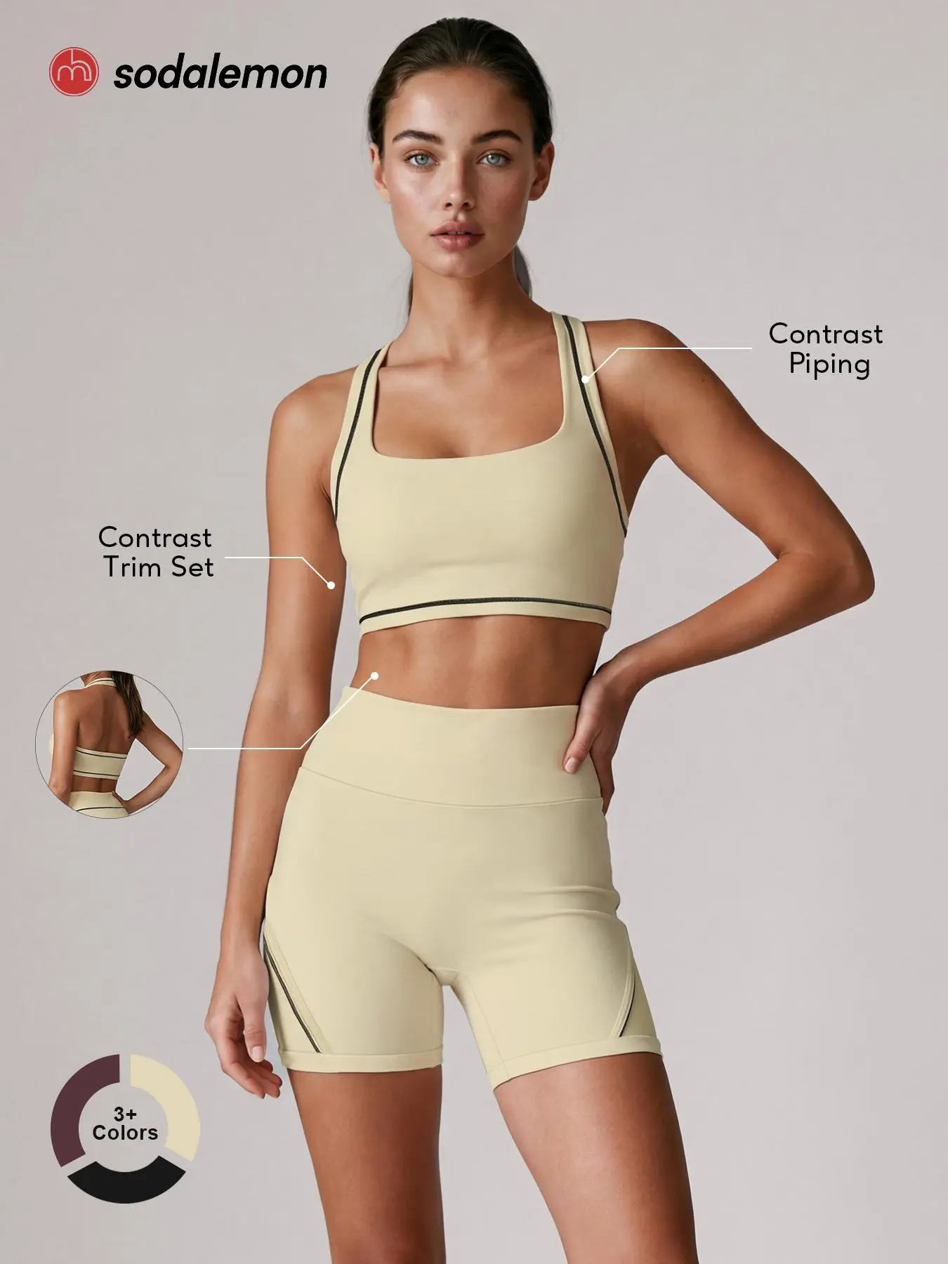 Sodalemon Women's Contrast Piping Halter Sports Bra & High-Waisted Biker Shorts 2-Piece Set, Yoga Workout Activewear for Outdoor Pilates