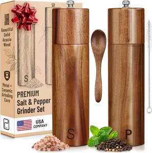 PJC-Kitchen Salt and Pepper Grinder Set - Refillable Manual Spice Mills with Adjustable Coarseness and Ceramic Burr - Available in Bamboo, Acacia Wood with Tray and Acacia Wood without Tray