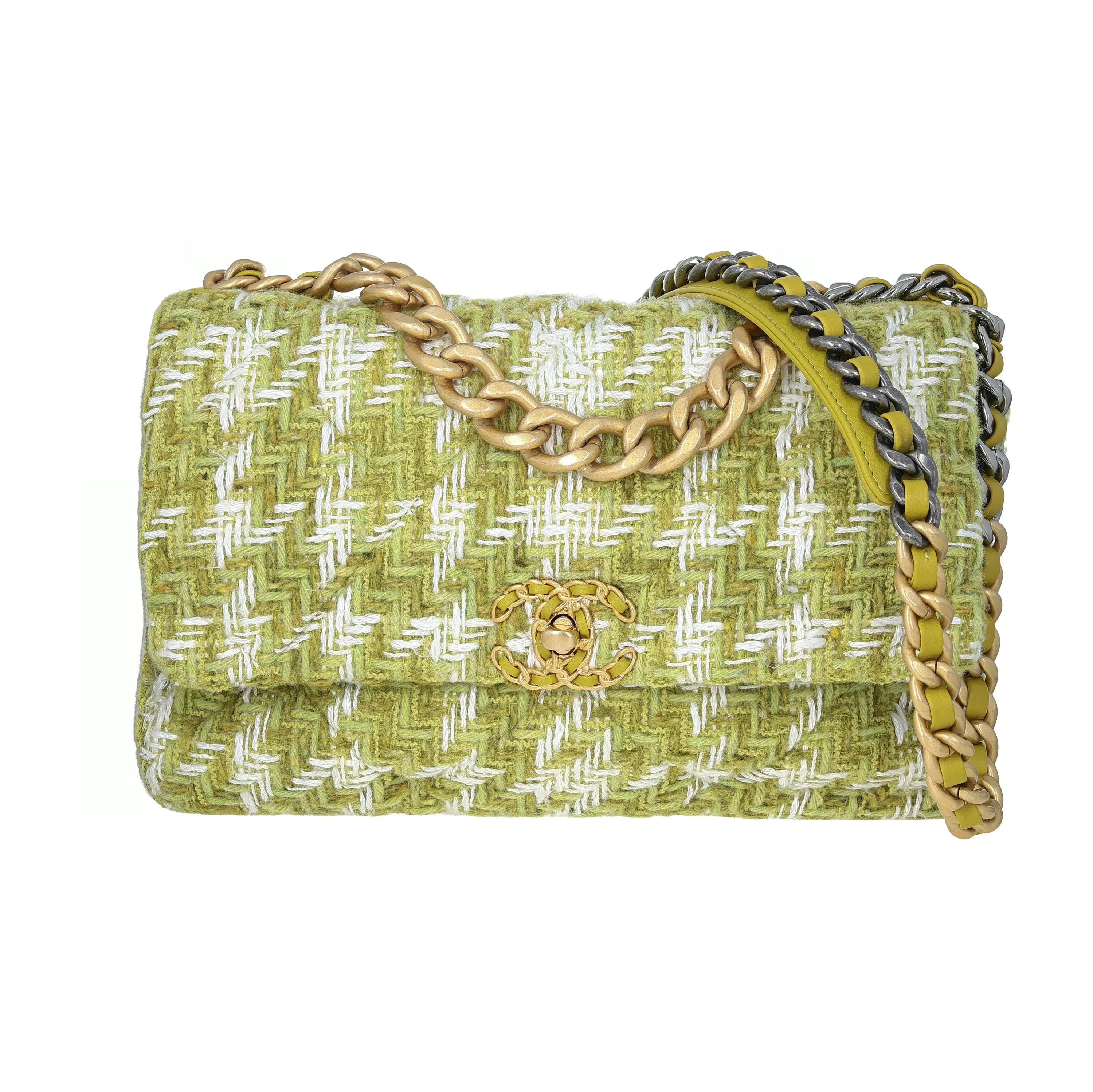 Pre-owned CHANEL Tweed Crossbody Bags Woven 19 Flap Large Green