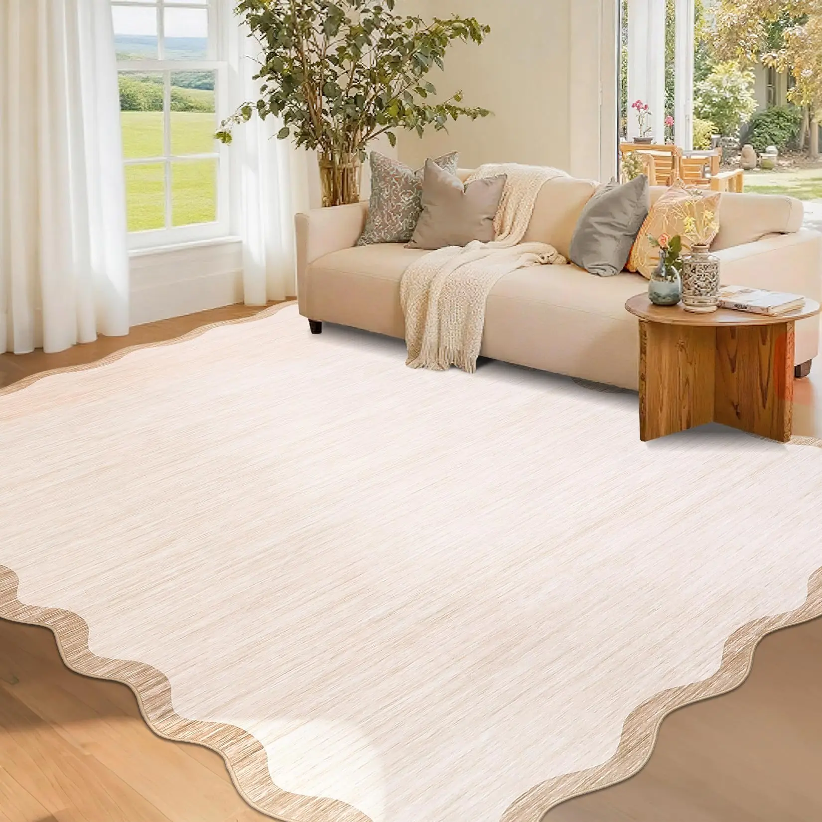Garvee Scalloped Living Room Rug 5x7 - Washable, Minimalist Solid Design, Soft Low Pile, Non-Slip, Stain Resistant Carpet for Bedroom, Dining Room, Modern and Traditional Spaces