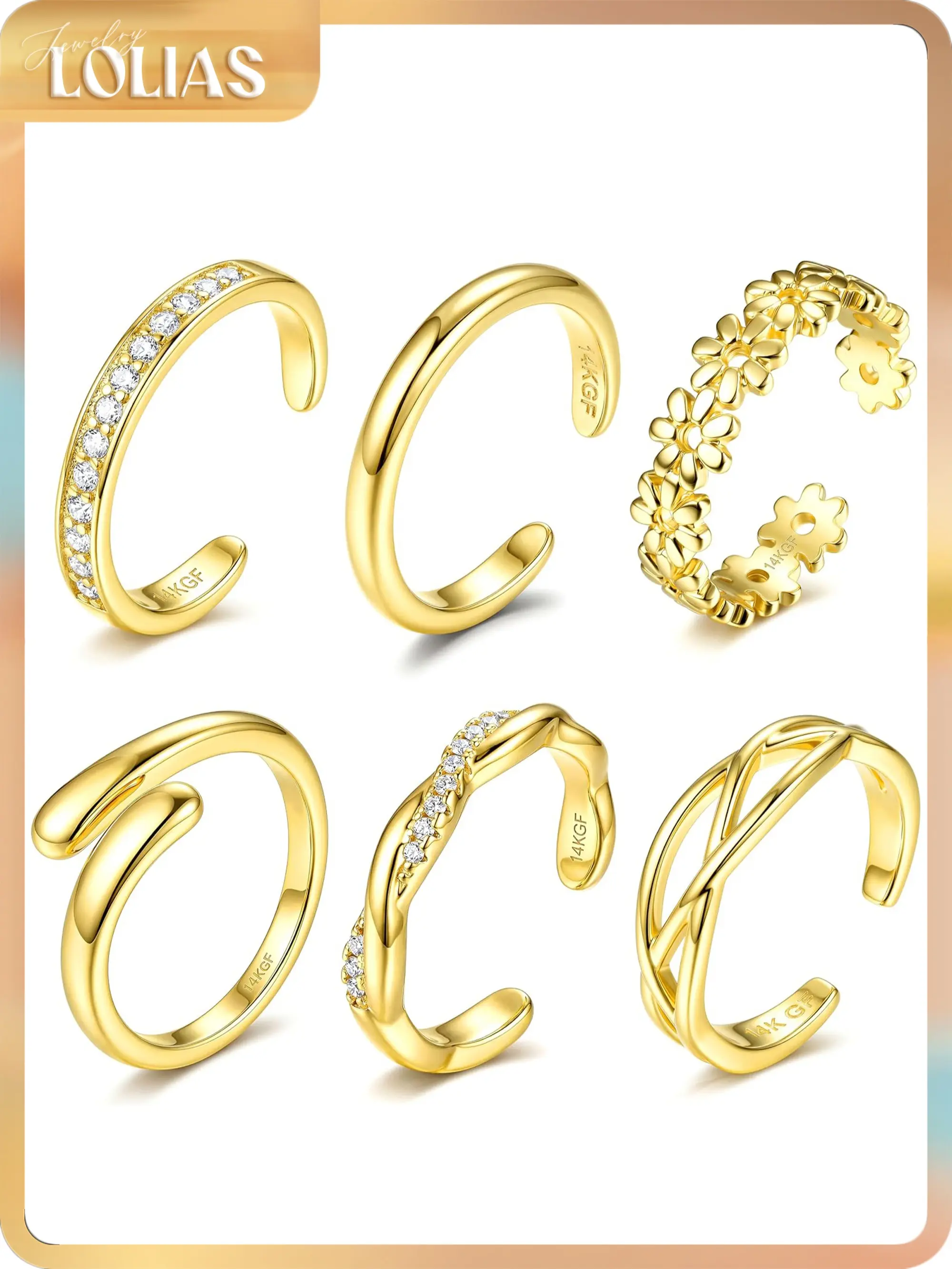 LOLIAS Women's 14K Gold Filled & Silver Plated Toe Ring Set - Non-Tarnish, Dainty, Adjustable Open CZ Jewelry for Summer Beach Wear