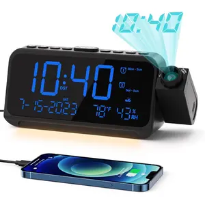 Projection Alarm Clock for Bedroom, Clock with 180° Ceiling Projector, 5-Dimmer, Dual Loud Alerts, Night Light, Temp Humidity, Weekday/Weekend Mode, DST, Snooze, Blue