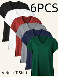 OKP Basic Womenswear, 6-Pack Women's V-Neck T-Shirts, Split Hem, High-Low Loose Fit Casual Summer Tops
