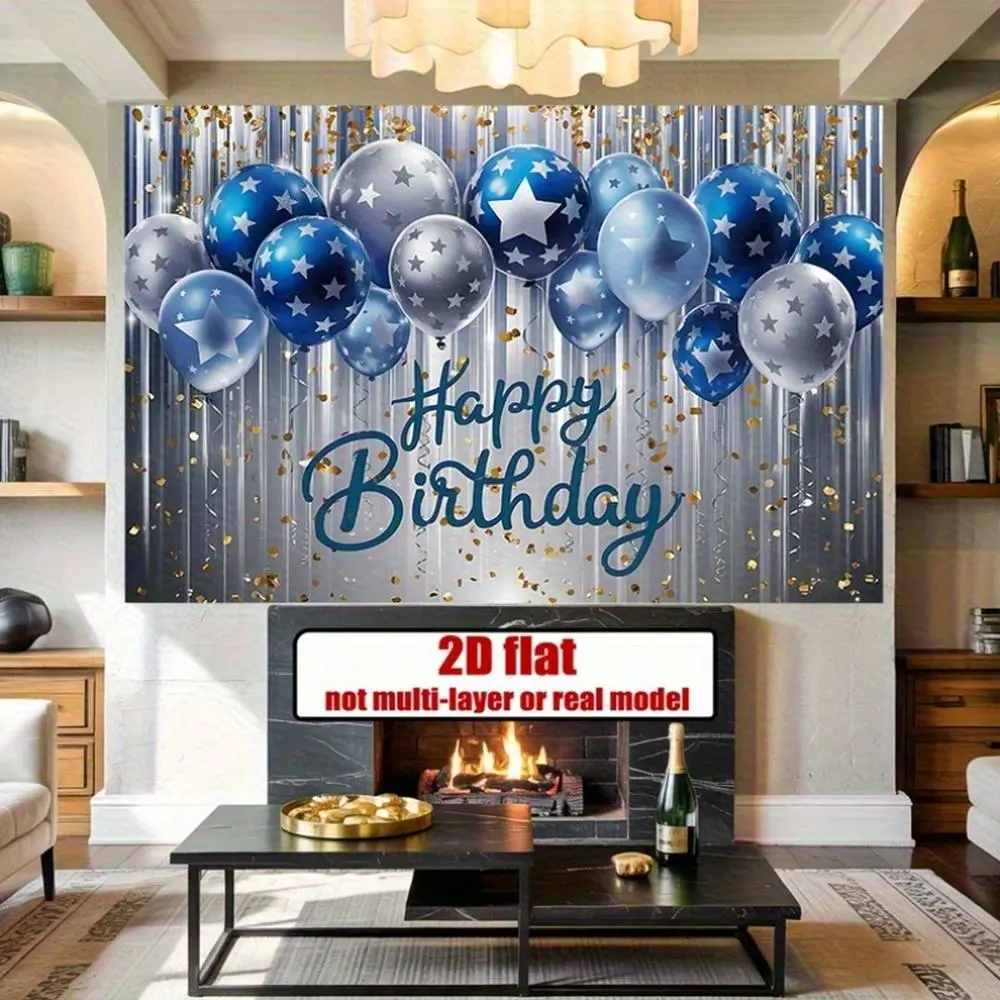2D Flat Polyester Banner - 1PC Blue Silver Star Print Shimmer Wall Backdrop, Reusable Decor Curtain, Adult Birthday Party Photo Backdrop for Indoor Outdoor Celebrations, Photo Backdrops