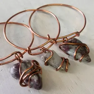 Set of Two - Handmade Thick Copper Adjustable Bangle W/ Assorted Crystal