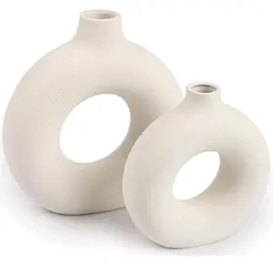 Ceramic Vases for Home Decor, Set of 2 Donut Vases, Modern Vase, White Vases, Farmhouse Vase, Decorative Vase, Round Boho Vase for Bookshelf, Mantel, Table, Fireplace Decor