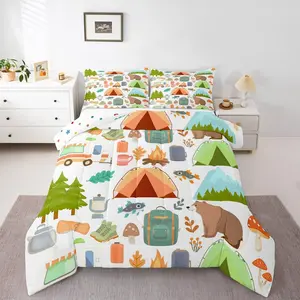 Cute Camper Car Comforter Set,Happy Camping Bedding Set,Woodland Bear Hunting Theme Quilt Set,Camper Accessories Bedding