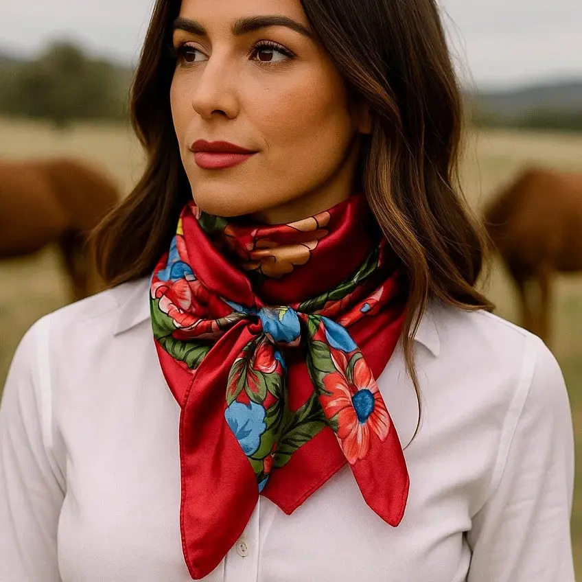 Red Big Floral Wild Rag - Western Scarf