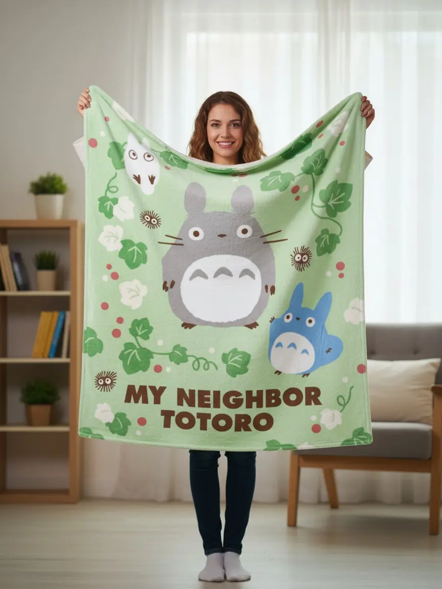 Studio Ghibli My Neighbor Totoro Fleece Blanket | Soot Sprites Leaf Pattern Soft Throw | Anime Fan Gift Idea | High Quality Aesthetic Room Decor