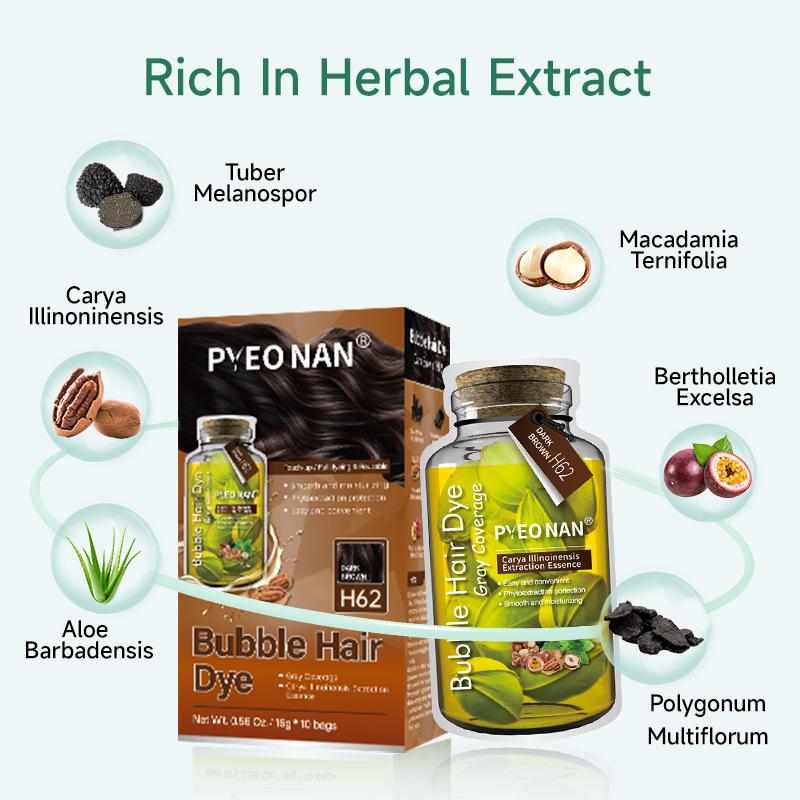 PYEONAN Unisex Bubble Hair Dye, Ammonia-Free, Natural Plant Extracts, 2-in-1 for Gray Coverage and Hair Care, Gray Hair Turns into Black or Dark Brown with Herbal Ingredients, No Bleaching, 10 Bags Hair Color 5.6 Oz./160g