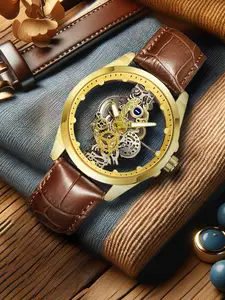 A men's brown leather strap with luminous hollow design, casual and versatile trendy quartz analog watch, Business Fashion Watch