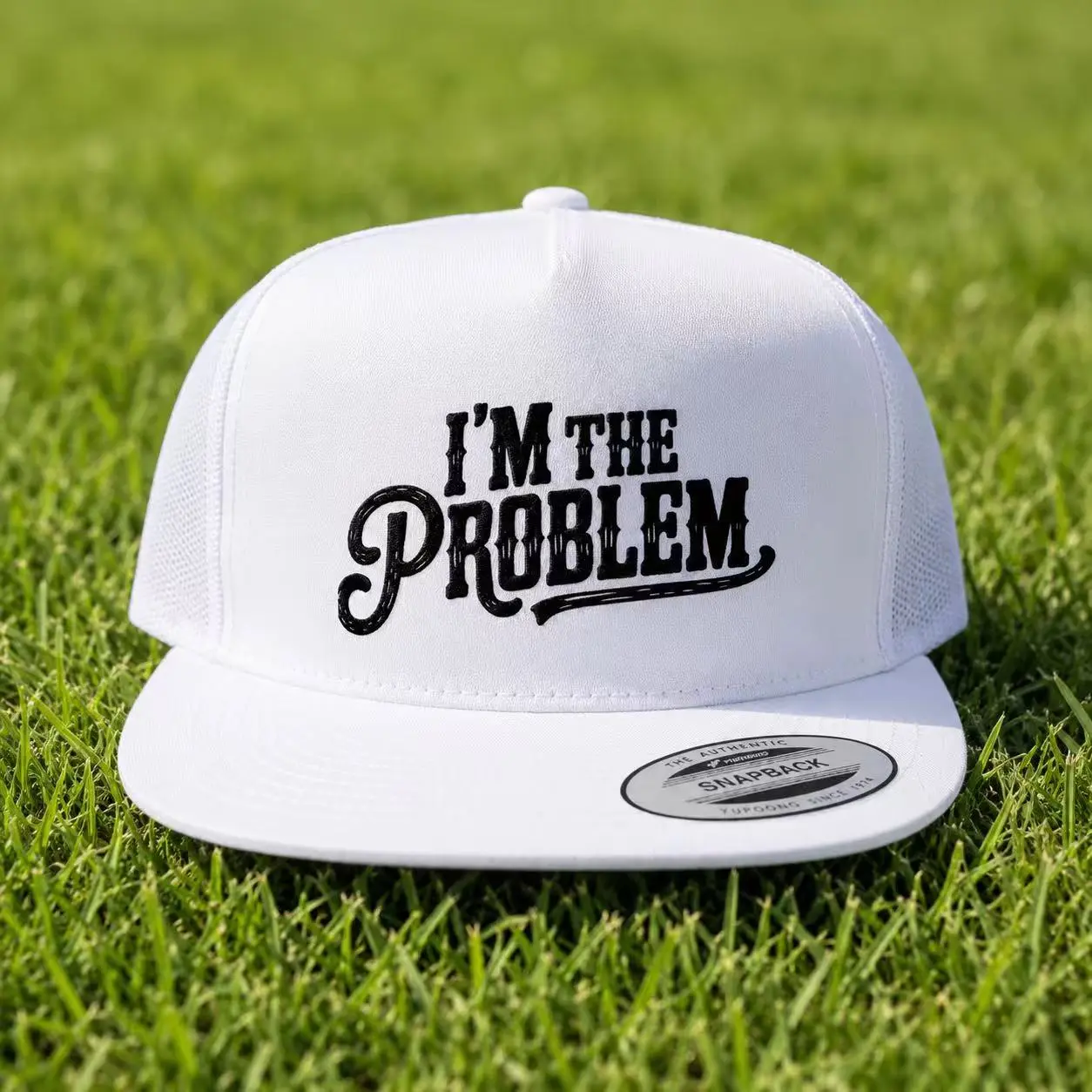 " I'm The Problem" Lettering Breathable Cotton Casual Unisex White Mesh Adjustable Snapback Trucker Hat, Gift for Him, Party, Fits 56–60 Cm, Lightweight