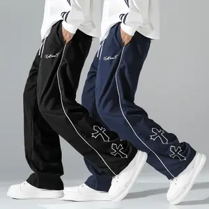 Men's 2-Pack Color-Block Sweatpants Set - Adjustable Drawstring Waist, Loose-Fit Straight-Cut Joggers with White Side Stripes, Embroidered Details, Polyester Fabric, Casual Fitness Street-Style Wear, Two Piece Sets