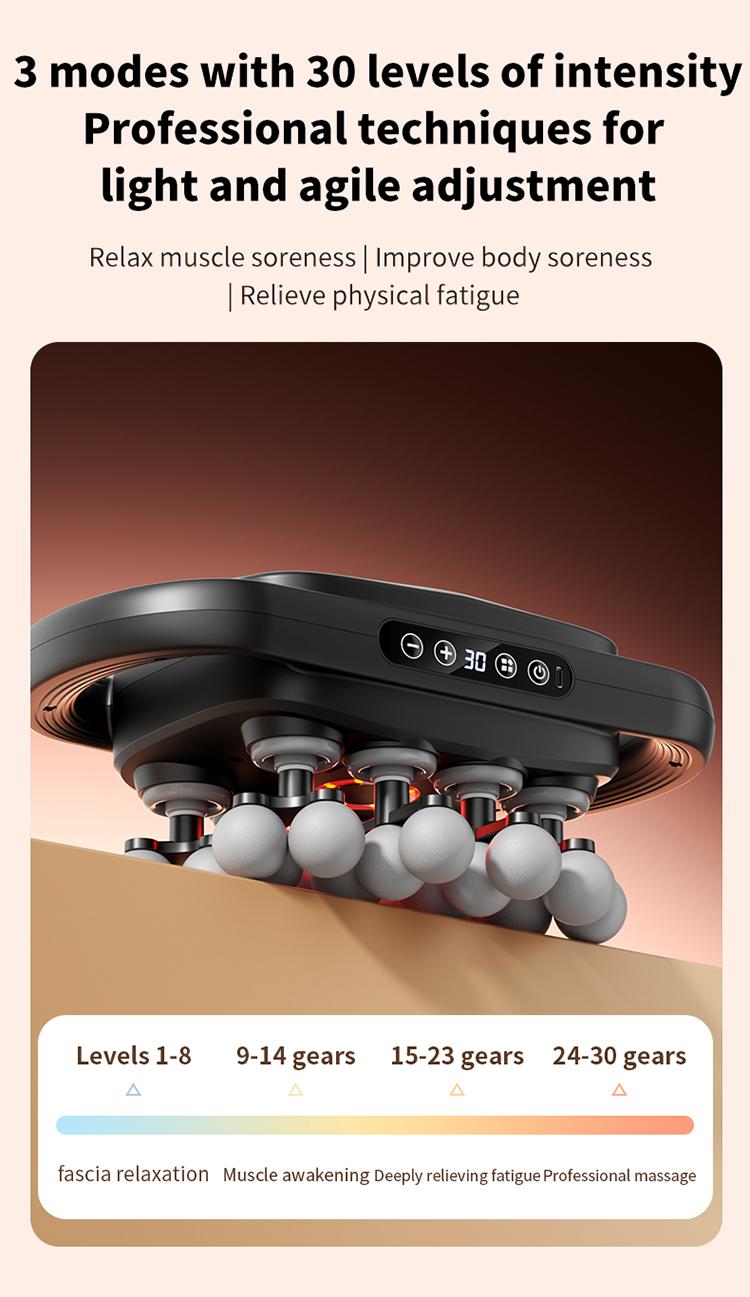 24 fascia guns with 3 modes to adjust 30 levels of massage vibration, used to relieve pain in the back, shoulders, legs, and feet. Equipped with a red light massage gun, it can be used as a gift to adjust daily fitness routines