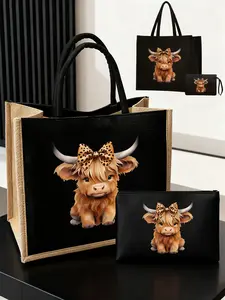 Highland Cow Print Tote Bag - Leopard Print Tote, Large Capacity Durable Polyester Handbag with Secure Buckle Closure, Cute Highland Cow & Bow Design, Spacious Commuter Bag for Women, Ideal for Weddings, Holidays, Christmas, New Year Gifts (Mixed Colors)