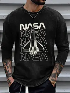Men's Washed Vintage Round Neck Long Sleeve T-Shirt, Casual Fitted Design, All Seasons Wear, Random Print Pattern, NASA, Menswear