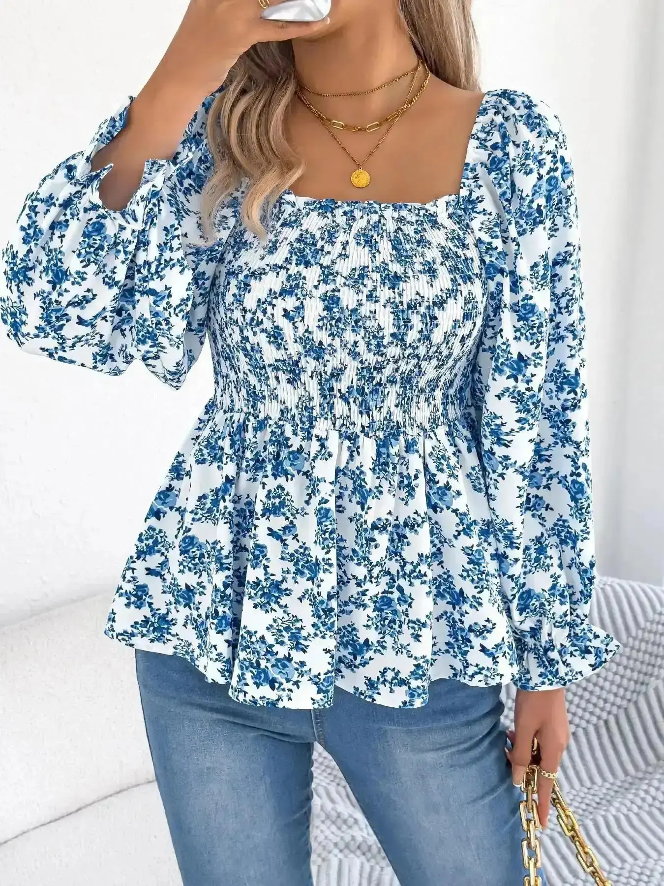 Fashion Women's Casual Top, Floral Print Ruffle Trim Blouse, Boho Fashion Top for Holiday, Vacation and Daily Wear, Clothing Spring & Fall, Womenswear, Sunny Days, Flowy Silhouette, Street Style, Ethereal, Modern