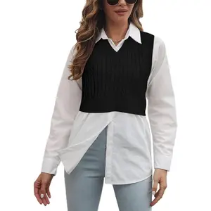 Saodimallsu Womens V-Neck Knit Sweater Vest Solid Color Argyle Plaid Preppy Style Sleeveless Crop Knit Vest