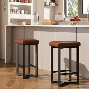 Bar Stools Set 24.6" Counter Height Backless Barstools, Upholstered PU Leather Seats with Metal X-Frame & Footrest, Modern Kitchen Stools for Home Bar, Dining Room