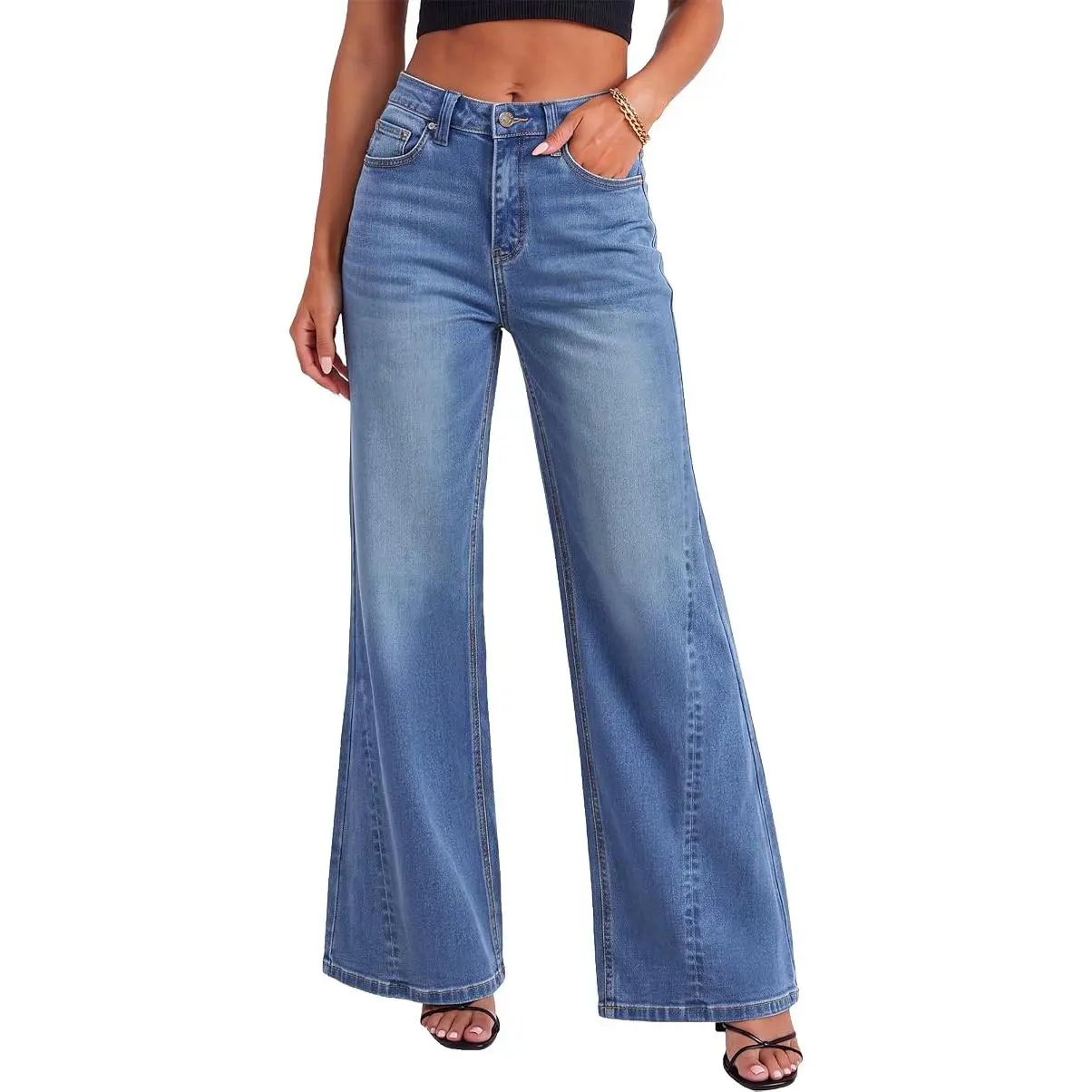 ZESICA Women's Casual Wide Leg High Waisted Baggy Jeans | Straight Mid Rise Flare Jeans, Stretchy, Side Seam, Relaxed Loose Denim Pants, Casual Daily Wear, Fall Fashion Clothing