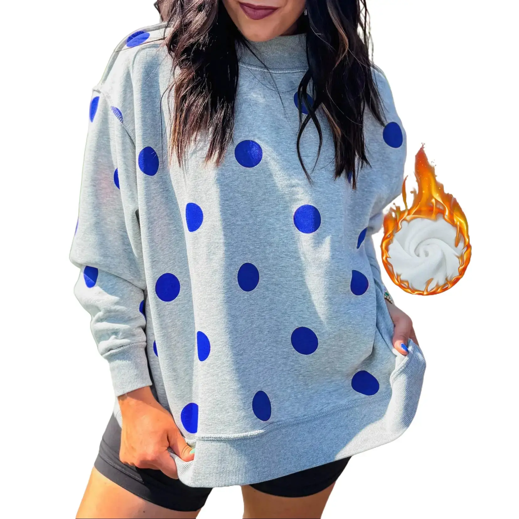 EncoLax Women Loose Casual Polka Dot Print Sweatshirt, Fleece Lined Warm Mock Neck Long Sleeve Pullover Tops for Daily Wear