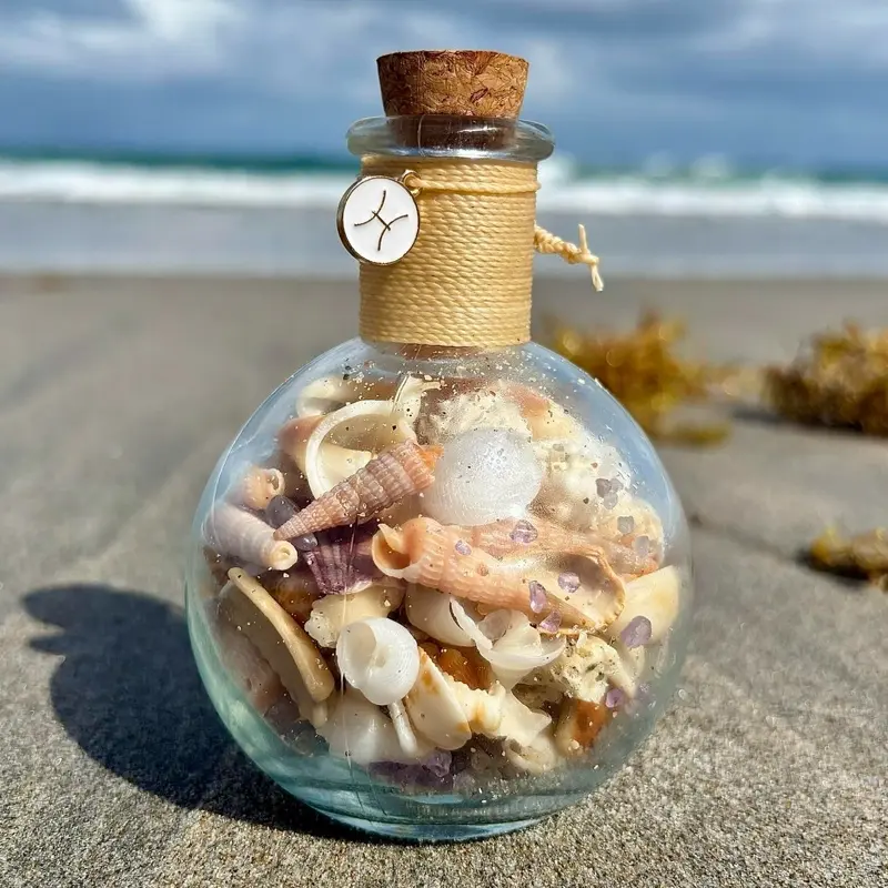 Handmade Unique Natural Seashell Glass Bottle - Mermaid’s Elixir with Zodiac Charm, Seashell Pendant, Assorted Metaphysical Crystals, Customizable Decorative Beach Home Decor Collectible Souvenir