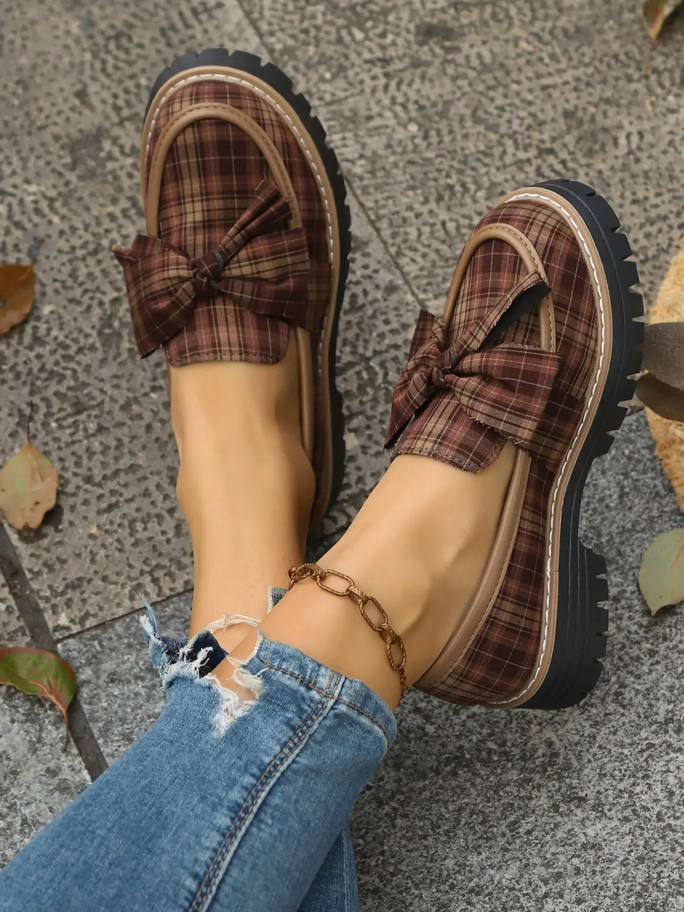 College Style Height Increasing Thick Sole Platform Loafers, Plaid Bowknot Decor Casual Women's Shoes, Comfortable and Stylish Footwear, Flatform