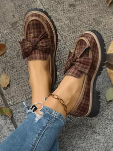 College Style Height Increasing Thick Sole Platform Loafers, Plaid Bowknot Decor Casual Women's Shoes, Comfortable and Stylish Footwear, Flatform