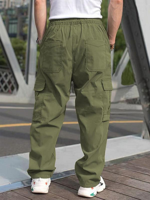 Men's Solid Color Flap Pocket Casual Slant Pocket Drawstring Waist Cargo Pants, Regular Fit Casual Street Straight Leg Trousers for Daily Wear, Men's Bottoms for All Seasons