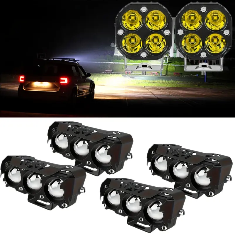 2/4-Pack Value LED Pod Motorcycle Headlights Set, 3-Lens White-Yellow Dual-Color Waterproof Auxiliary Fog Lights, DRL/Tail Compatible 4x4 Offroad Lighting Solutions for ATV UTV Safety Visibility Boost