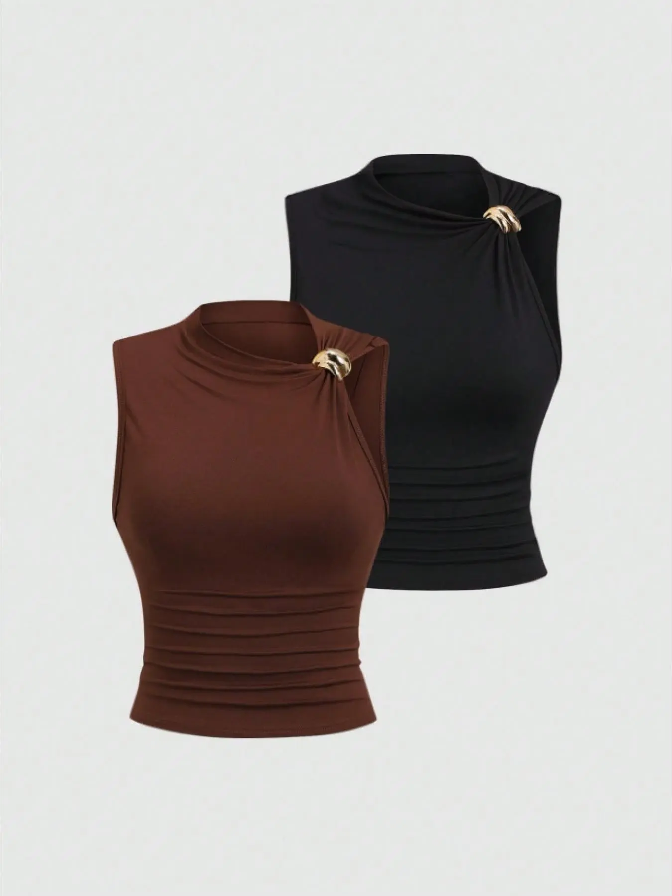 Elegant Chic Aesthetic Women's Sleeveless Knit Vest Top Set, High-Quality Metal Buckle Design, Slim-Fitting Waist-Centric Style, Versatile Two-Piece, Summer