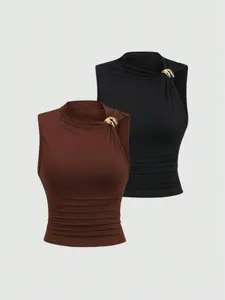 Elegant Chic Women's Sleeveless Vest Top Set, High-Quality Metal Buckle Design, Slim-Fitting Waist-Centric Style, Versatile Two-Piece