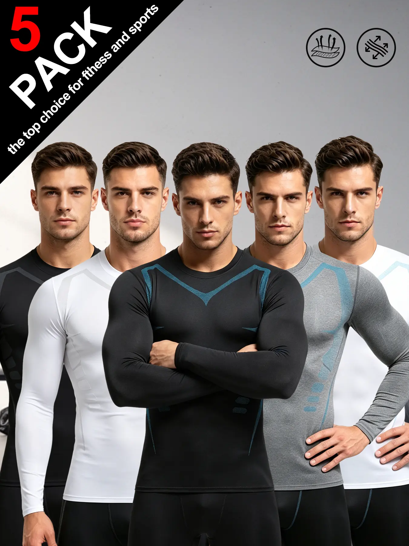 Men's 5 Pack Long Sleeve Compression Shirts with Muscle Mapping Vent Panels, Quick Dry 4-Way Stretch Athletic Base Layer Tops for Gym Running Cycling Outdoor Sports