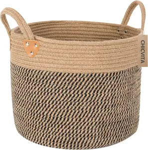 Wicker Laundry Basket With Handles, Storage Baskets for Decor, Rope Basket for Blankets, Toys, Clothes, Shoes, Plant Basket for Living Room, 14" X 14" X 12"