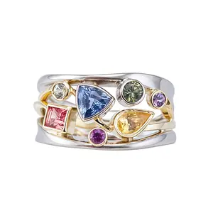 Costume Rings - Elegant Multicolor Fashion Jewelry Accessory with Rainbow Geometric Patterns, Micro-Set Cubic Zirconia, and Wavy Gold Lines