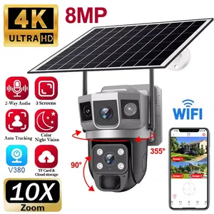 4K/8MP Solar Powered Surveillance Camera, 2.4GH Wireless Wi-Fi, 360° , PIR Detection,  Dual Lens Surveillance Camera With Color Night Vision 2-Way Audio, Two-Way Talking, Burglary And Anti-Peep Surveillance, Free Cloud Storage, No Subscription Safety