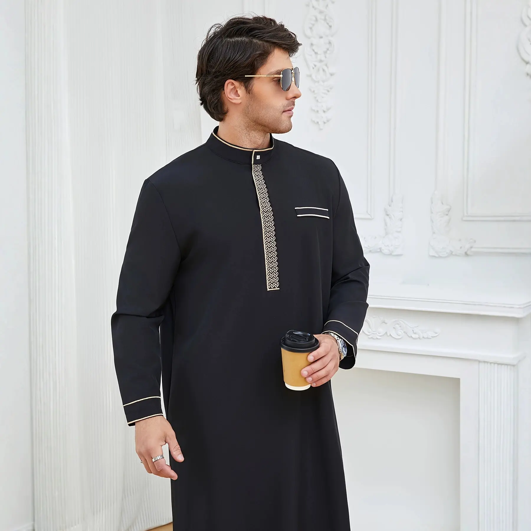 Stand-up Collar Embroidered Casual Ethnic Clothing Loose-Fit Menswear