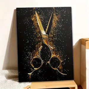 JIT 1PC  Framed Canvas Painting - Golden Scissors Abstract Art with Dark Background Golden Sparks, Recycled Wood Frame, , Modern Wall Decor for Hair Salon, Barber Shop, for Man Cave, Home Decor, Canvas Wall Art, Salon Decoration