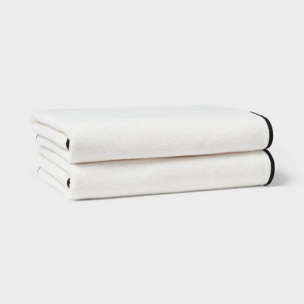 2pc Luxe Border Stitch Bath Towel Black/White - Threshold 2pc Luxe Border Stitch Bath Towel Black/White - Threshold