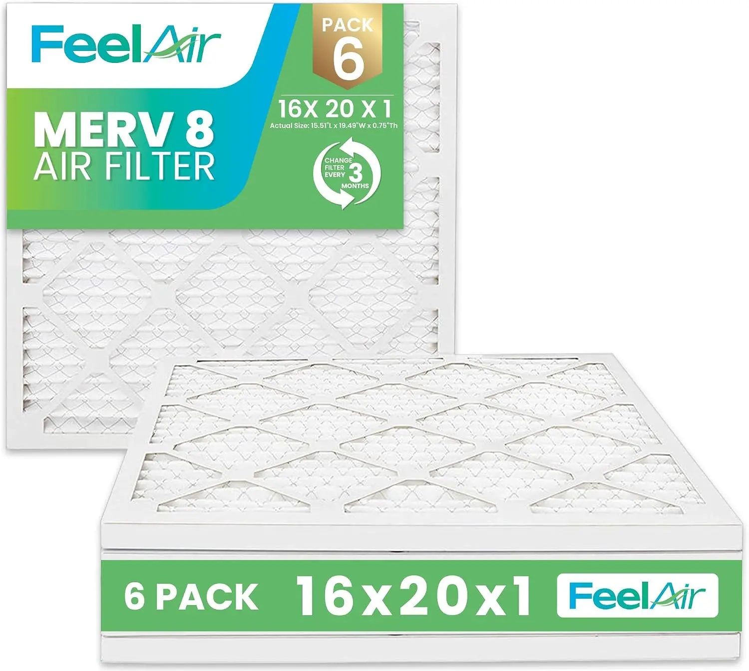 16x20x1 Air Filter, MERV 8, MPR 600, 6 Pack, Furnace Air Filter for HVAC (Actual Size: 15.50"x19.50"x0.75") DUST, Pet, & Allergy Control