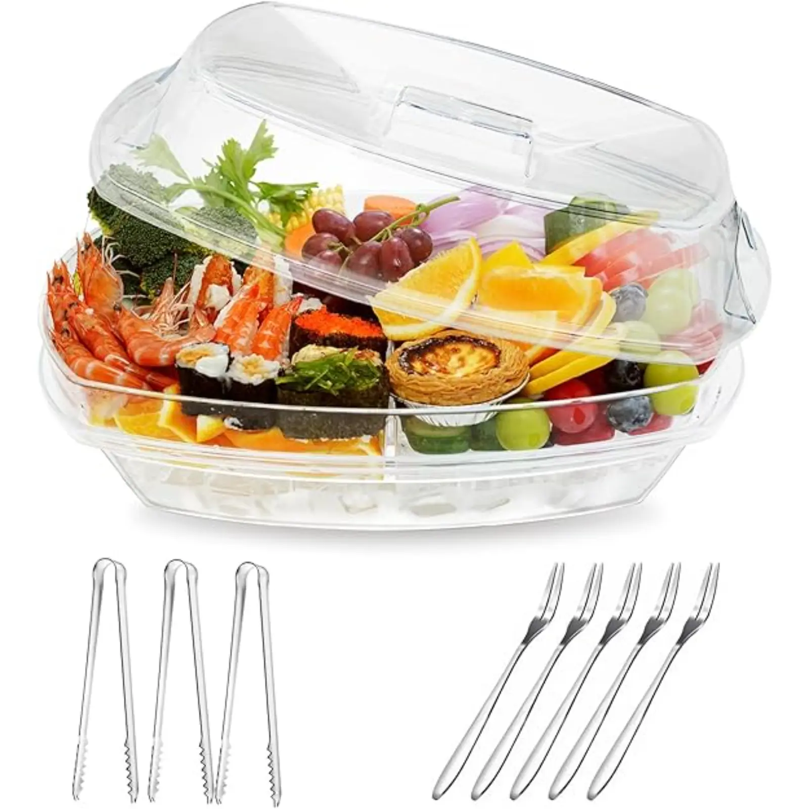 Chilled Ice Serving Tray 15.1" Ice Chilled Party Platter 3 Layers Veggie Platter with Lid Stackable Appetizer Party with 4 Compartments for Shrimp Fruits Veggies Includes 4 Clear Forks Polyethylene Terephthalate