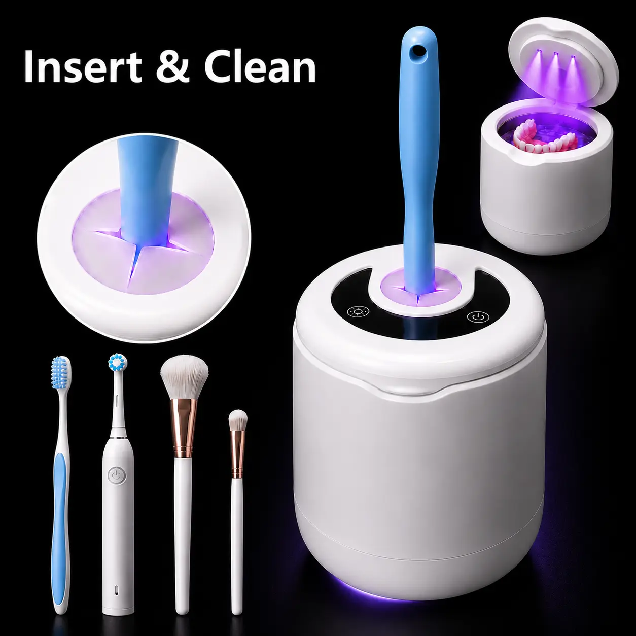 Portable Ultrasonic Cleaner, 200ML 50kHz Cleaner with 5 Timer Settings, Open-Center Insert Lid and 3 LED Lights, for Retainers, Aligners, Oral Appliances, Toothbrushes and Jewelry
