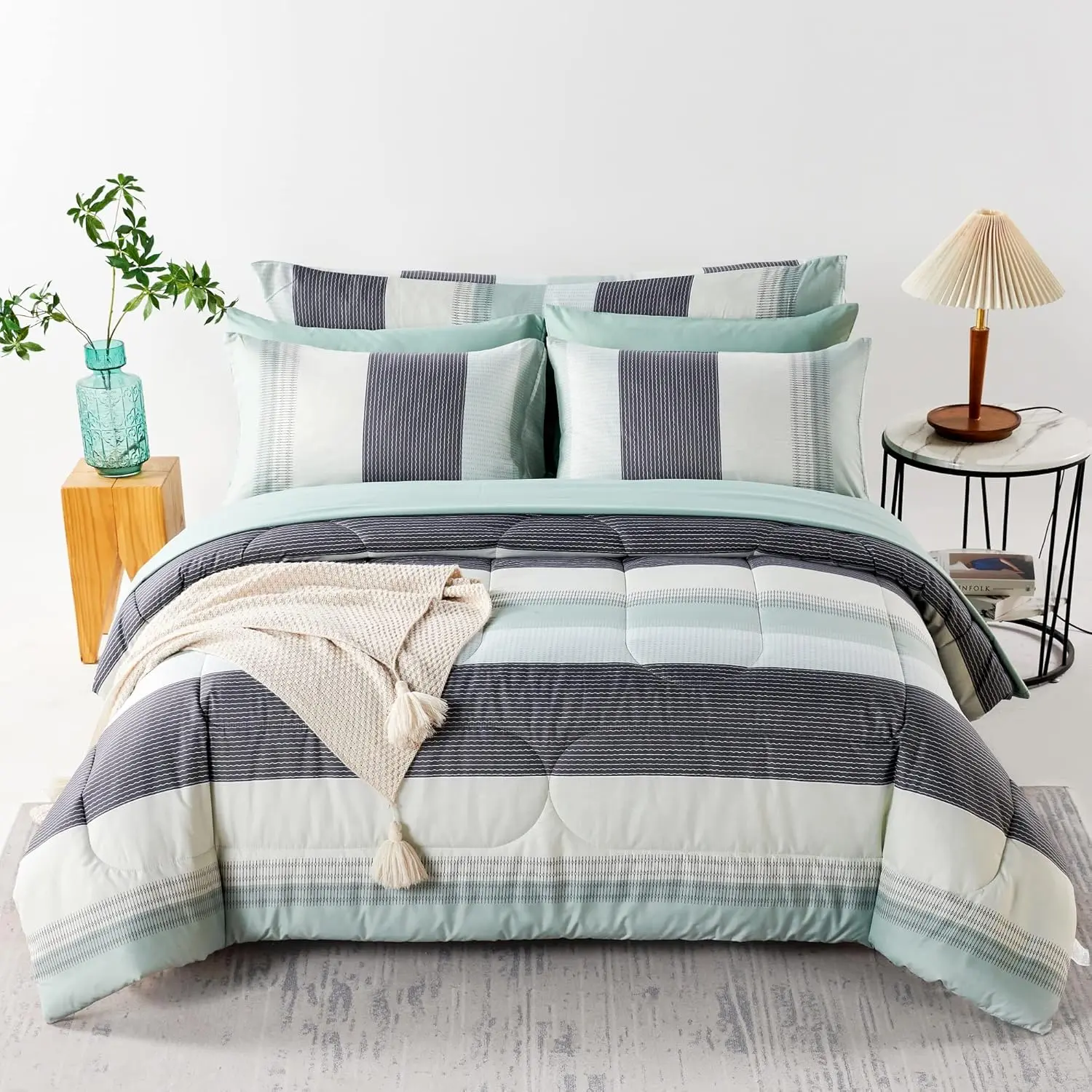Full Size Sage Green Striped Synthetic Comforter Set - Lightweight, Soft, Breathable Down Alternative Bedding Set with Sheets, Pillowcases for Girls, Boys, Women, Mattress Full Size, Apartment Furniture