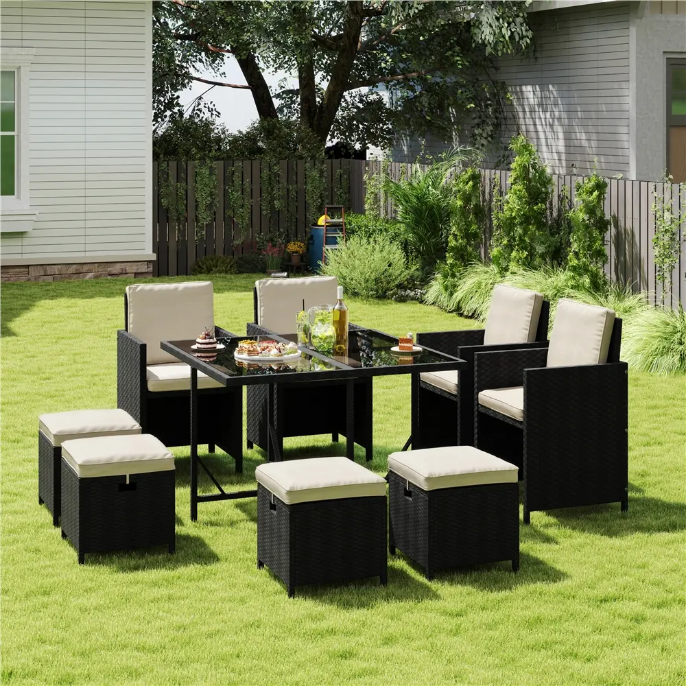 【3 Packages】 Costoffs 9-Piece Outdoor Dining Set with Table, 4 Chairs and 4 Ottomans, Water-Resistant Cushions with Zippered Covers for Easy Cleaning, with PE Rattan and Tempered Glass, Patio Chairs Set, Rattan Conversation Sets