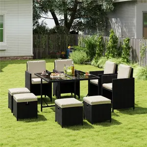 【3 Packages】 Costoffs 9-Piece Outdoor Dining Set with Table, 4 Chairs and 4 Ottomans, Water-Resistant Cushions with Zippered Covers for Easy Cleaning, with PE Rattan and Tempered Glass