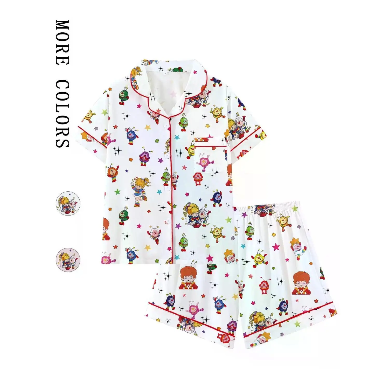 Rainbow Girl Retro Cute Collared Short Sleeve Pajama Set, Comfy Sleepwear for Home and Outdoors, Perfect Summer PJs Gift