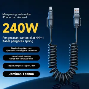Spring Fast Charging Cable Retractable, 240W, 4-in-1, 2m, Car Aromatherapy, Multi-Charger, Type-C to Lightning / Micro / USB-C, Compatible with Phones, Tablets and Computers
